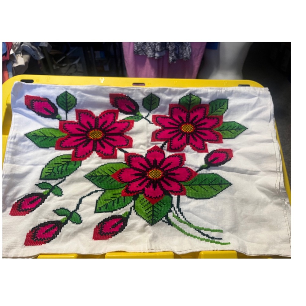 Handmade Cross Stitch Floral Pillowcases Set of 2 White Pink Green 26x16.5